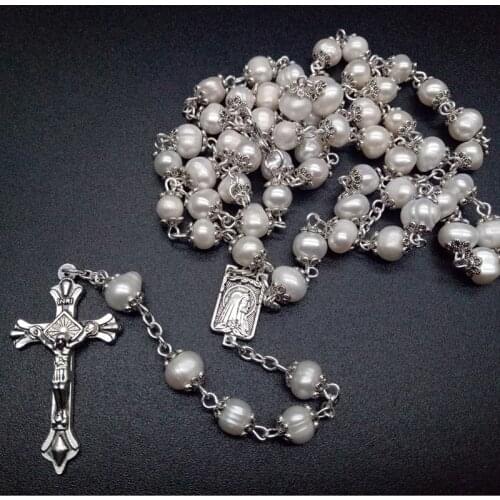 Catholic White Natural Pearls Long Chain Necklace Virgin Holy Jesus Cross Pendant Rosary Beads Necklace Religious Prayer Jewelry