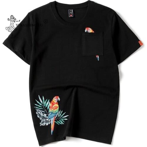 Round Tide Spring And Summer New Style Magpie Embroidery Pocket National Tide T-Shirt Loose Version For Men And Women Couples