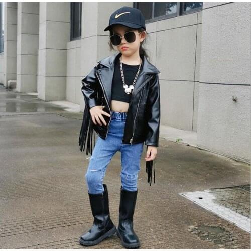 2020 Korean style girls boys PU leather coat tassel full sleeve autumn kids coat 2-7t F676