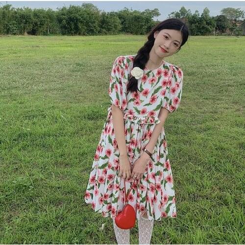Summer New Sweet Girls Floral Pattern Knee Length Dress Ruffles High Waist Dresses Party Vestidos YOU489