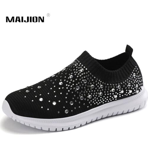 Fashion Women Walking Shoes Knitted Socks Sneakers Super Light Lady Loafers Rhinestone Decoration Non-slip Breathable Flats Pink