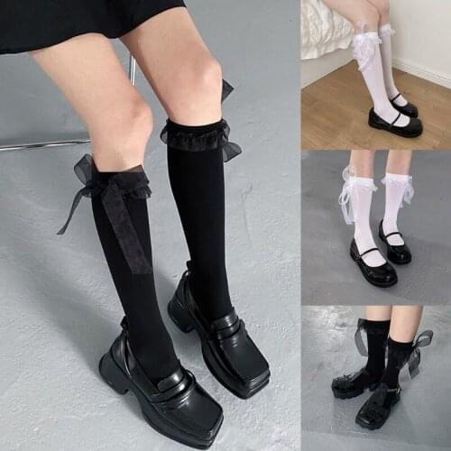 MXMA Women Girls Solid Color Calf-Length/Knee High Socks Japanese Lolita Kawaii Sweet Ribbon Bow Ruffles Lace Retro Stockings