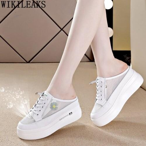 Embroider Mules Shoes Women Breathable Platform Slippers Women Elevator Shoes for Woman 2021 Fashion Wedges Shoes for Women