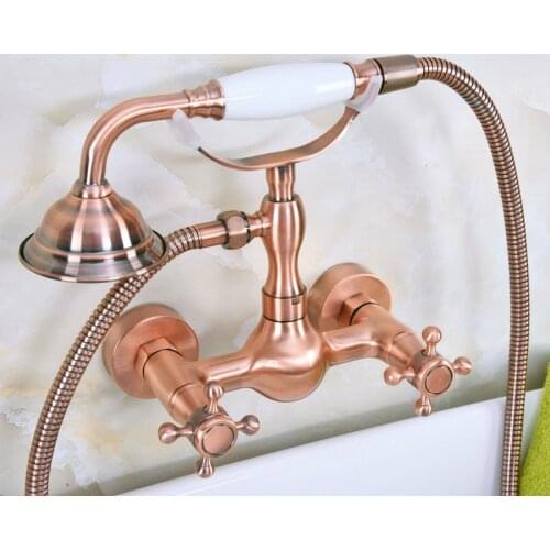 Antique Red Copper Wall Mounted Bathtub Faucet with Handheld Shower Set +150CM Hose Mixer Tap 2na335