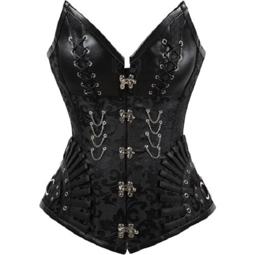 Newest Steampunk Corset Gothic Clothing Sexy Faux Leather Corset 14 Steel Boned Corsets And Bustiers Chain Modeling