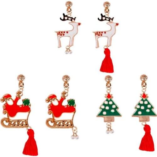 New Red Tassel Earrings Christmas Classic Elk Sleigh Pendant Earrings Fashion Metal Chain Jewelry Gift Hot Sale
