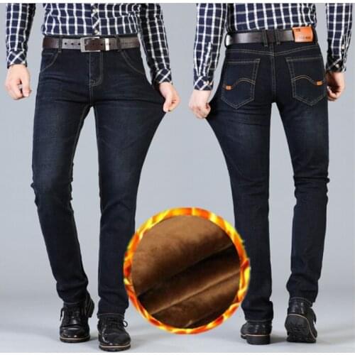 New Winter Men Black Stretch Jeans Good Quality Slim Fit Long Jeans Thicker Warm Smart Casual Jeans Men Winter Warm Denim Jeans