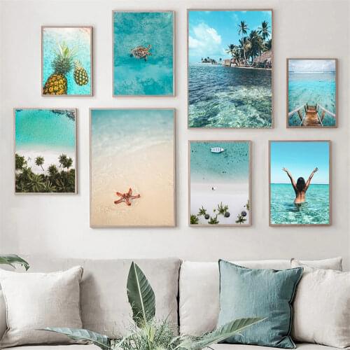 Swimming Girl Poster Ocean Beach Pineapple Wall Art Canvas Painting Sea Landscape Print Nordic Wall Pictures Living Room Decor