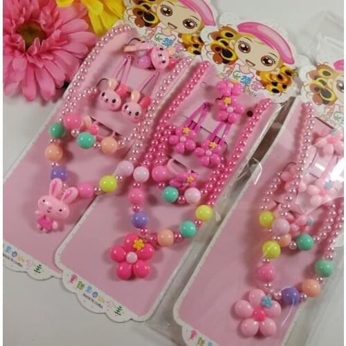 Kids gift set girl pearl beads cartoon pendants necklace bracelet ring hair clip hairband Jewelry Set Christmas Party bag filler