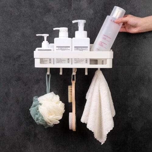 Punch-free Bathroom Kitchen Shelf White Plastic Wall Hanging Storage Basket Shampoo Shower Draining Organizer Rack With 5 Hooks