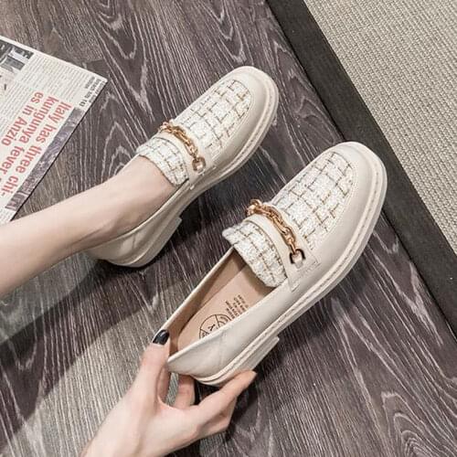 Casual Autumn New Hemp Loafers Shallow Mouth with Matel Chain Plus Size Women Shoes