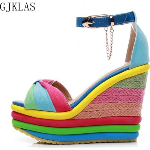 Rainbow Wedges Sandals for Women Platform High Heels 13cm Large Size Women Sandals Summer Woman Shoes Casual Platforms Sandal