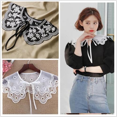 Women Detachable Lace Fake Collar Blouse Cloud Shoulder Doll Collar Embroidered Bow False Collar Clothes Shirt Accessories