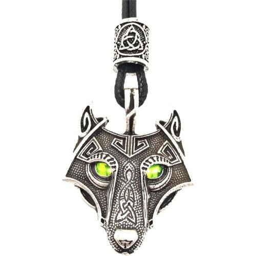Nordic Green Crystal Eyes Wolf Amulet Talisman Viking Jewelry Runic Beads Vegvisir Valknut Trinity Mens Necklaces Pendants