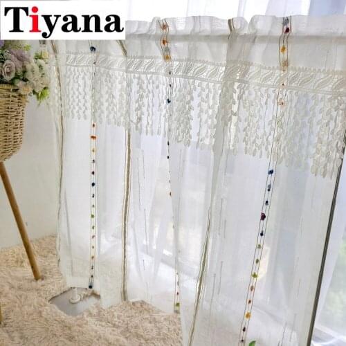 Modern Geometric Sheer Curtains Living Room Kitchen Curtain Voile Tulle Embroidered Striped Window Short Curtains Decoration
