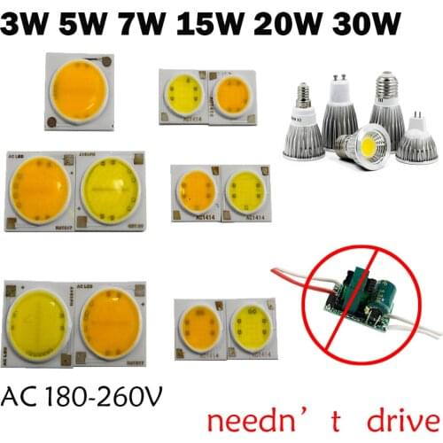 10pcs 220v led COB 3W 5W 7W 15W 18W 20W 30W integrated IC driver for spot light bulb ceiling lamp down light LED COB Chip Lamp