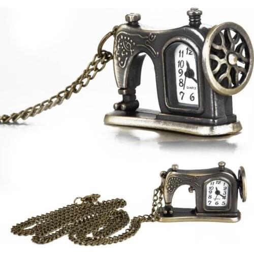Vintage Unisex Sewing Machine Pendant Chain Necklace Analog Quartz Pocket Watch