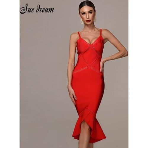 High Quality 2020 Summer New WomenS Fashion Sexy Red Spaghetti Irregular Pendulum Bandage Dress Club Party Dress