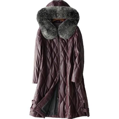 Hooded Real Fox Fur Sheepskin Coat Female Winter Duck Down Leather Jacket Women Korean Long Vintage Genuine Leather Jackets 1101