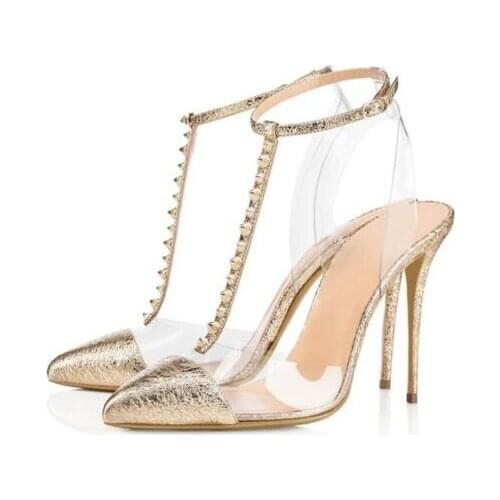 Carpaton Womens Fashion Transparent T-Bar Ankle Strap High Heel Shoes Sexy Pointed Toe Rivets Studded Stiletto Heels Ladies Shoe