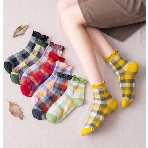 Women socks cotton plaid loose socks short ruffle socks retro cute sexy kawaii harajuku sock woman Streetwear soks female sox