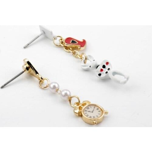 Women Earrings Commodity Drop Clock Shape Earring Enamel Clip Pin Cartoon Theme Heart Rabbit Earrings Pearl Pendant Jewelry