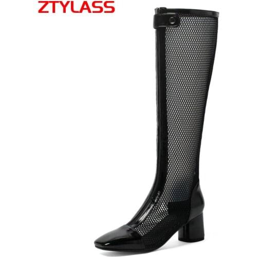 2021 New Summer Breathable Women Mesh Boots Sexy Hollow Buckle Knee High Boots Fashion Zipper Square Toe Thick Heel Lady Shoes