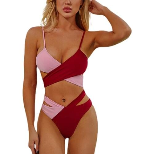 2021 Swimwear 2 Pcs Women Color Block Bathing Suits Adjustable Spaghetti Strap Cross Tie Up Bra Hollow Out Thong swimsuit