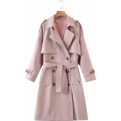 ZXQJ Women Pink Waist Tranch Coat 2021 Automn Fashion Female Windproof Outdoor Windbreaker Ladies Double Breasted Long Overcoats