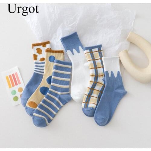 Urgot 1Pair Women Socks British Plaid Striped Socks Summer ComforT Harajuku Patchwork Color Retro Long Socks Lady Cotton Quality