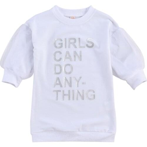 2020 1-6Y Toddler Baby Girl Sweatshirt Dress Kid Girls Mesh Long Sleeve Letter Printed Fall Winter Pullover Long Tops Outfits