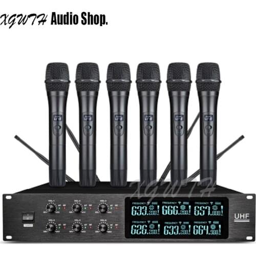 Wireless Microphone System Fixed Frequency 6 Handheld Dynamic Cardioid Karaoke Mic Radio Audio LCD Digital Display for Stag