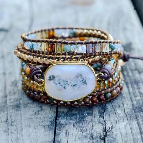 Natural Crystal & Stone Bracelet Hand Woven Leather Bracelet Stone Creative Multi-layer Charm Bracelet for Ladies