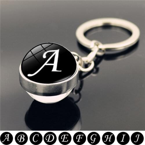 26 English Letters Keychain Double Side Art Photo Glass Ball Pendant Simple Initial Name Couple Key Chain Holder Gifts for Women