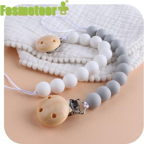 Fosmeteor BPA Free Pacifier Clips Chain Food Grade Silicone Beads DIY Dummy Wooden Pacifier Clip Holder Baby Teething Toys