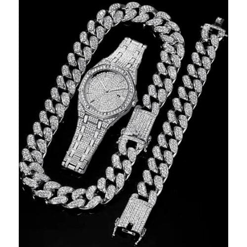 3Pcs Watch+Bracelet+Necklace Hip Hop Miami Cuban Chain Gold Watch Iced Out Paved Rhinestones CZ Bling Rapper Men Jewelry Joyas