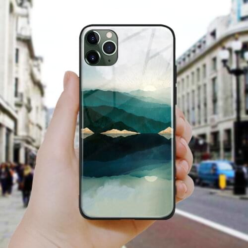 Nordic Abstract Lake Mountain nature Silicone Glass Phone Case Cover For iPhone SE 6 6s 7 8 Plus X XR XS 11 12 Mini Pro Max
