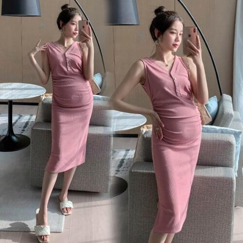 Summer Sexy Hot Maternity Slim Dress Sleeveless Vest Bodycon Clothes for Pregnant Women Elegant Drawstring Belly Pregnancy