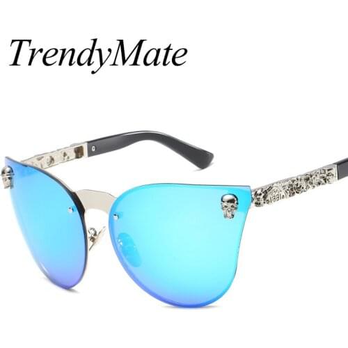 Fashion Women Vintage Brand Designer Gothic Steampunk Cat Eye Mirror Sunglasses Men Skull Metal Frame Sunglasses UV400 1145T