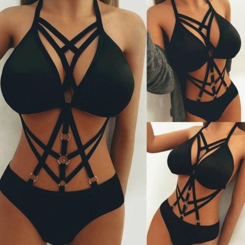 2020 New Trendy Womens Sexy Solid Slim Sleeveless Bandage Hollow Out Spaghetti Strap Bodysuit Lingerie Babydoll Nightwear
