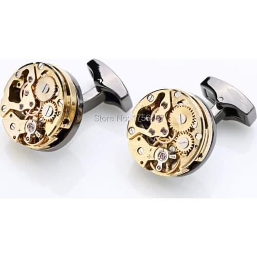 2017 New Non-functional Gold watch movement cufflinks high quality Mens Jewelry stainless steel cuff links Groom Relojes gemelos