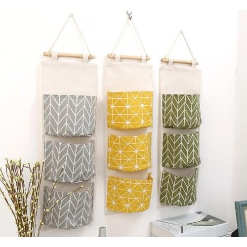 3 Pockets Wall Door Hanging Organizer Storage Bag Cotton Linen Bedroom Home Decor Closet Hang Sundries Toy Organizers