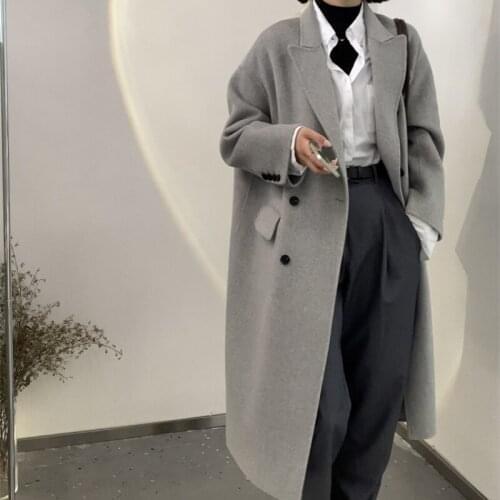 Autumn Womens Coat Korean Style Long 100% Wool Coats Female Gray High Quality Winter Fashion Straight Womens Clothes WPY4197