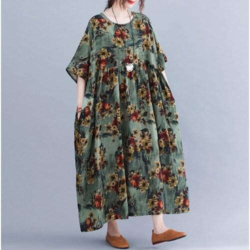 New Arrival 2021 Summer Plus Size Dresses For Women 4XL 5XL 6XL Cotton Linen Maxi Dress Vintage Floral Robe Femme Boho Vestidos