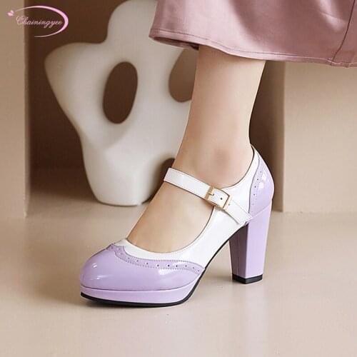Casual style comfortable round toe pumps fashion paint buckle mixed color platform high heels thick with womens shoes big size