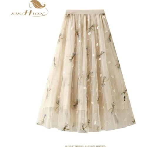 SISHION Dragonfly Embroidery Summer Tulle Long Skirts Womens Mesh A-line Saia Female Jupe Tutu Skirts Faldas Mujer VD2079