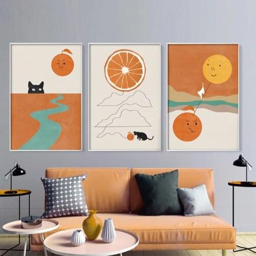 Modern Minimalist Hand Painted Small Fresh Orange Poster And Cat Fruit Picture Illustration Decorative Painting