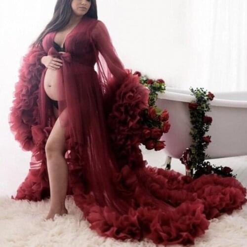 Maternity Shoot See Thru Tulle Party Dresses Burgundy Pregnant Formal Dress Custom Made Tiered Prom Gowns Sleeve Women Robe