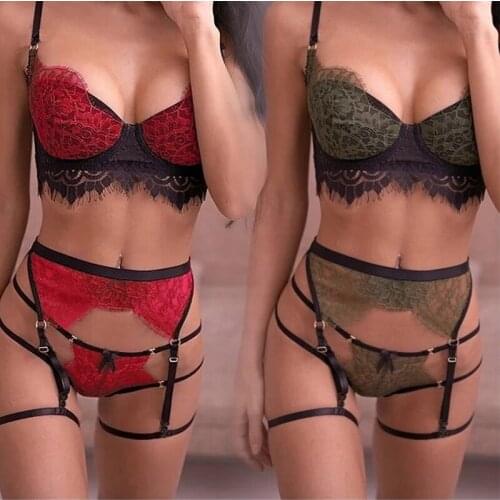 Womens Sexy Lingerie Plus Size Sexy Bra Set Thong Erotic Babydoll Underwear Lace Stitching Sexy Three-Piece Lace Underclothes