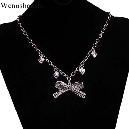 50/60cm vintage heart charm bow knot necklaces for women chic bowknot necklace jewelry girls gifts alloy di158